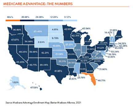 Map of the United States showing percentage of consumers who use Medicare Advantage