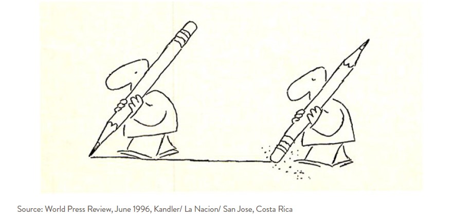 Cartoon picture of two people carrying pencils. 