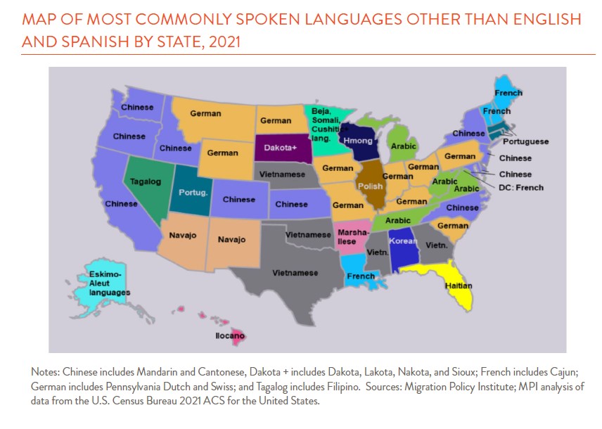 Map showing commonly spoken languages in the US besides English and Spanish 